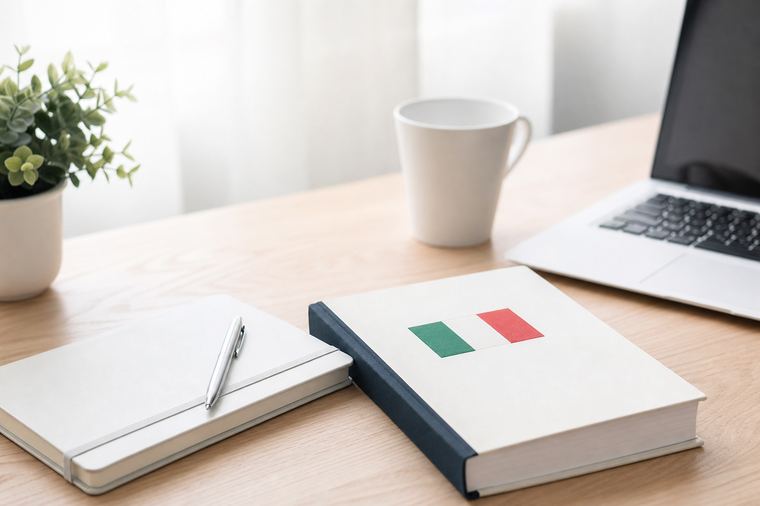 Scrivania ordinata con monitor esterno e portatile aperto davanti a una parete chiara di ufficio